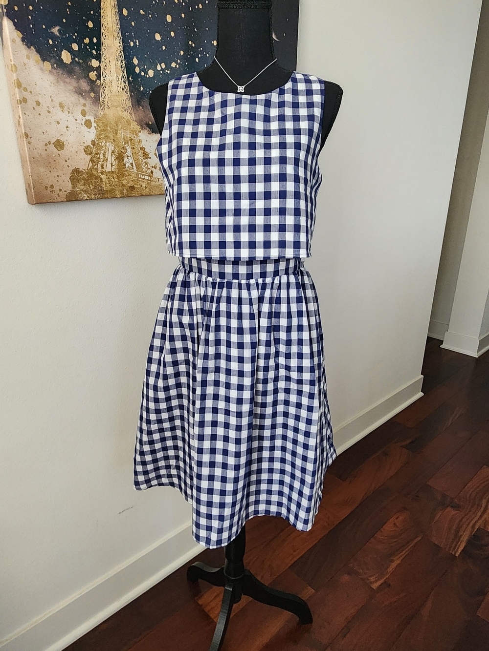 Elorie Women's Navy and White Gingham Back Zip Fit And Flare Sleeveless Dress